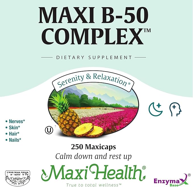 Maxi Health Stress Relief Vitamin B Complex for Women and Men, Vitamin B6, B12, Biotin, Inositol, Folate, Vegan, Gluten & Soy & Milk Free, Kosher, Unflavored, 100 Count