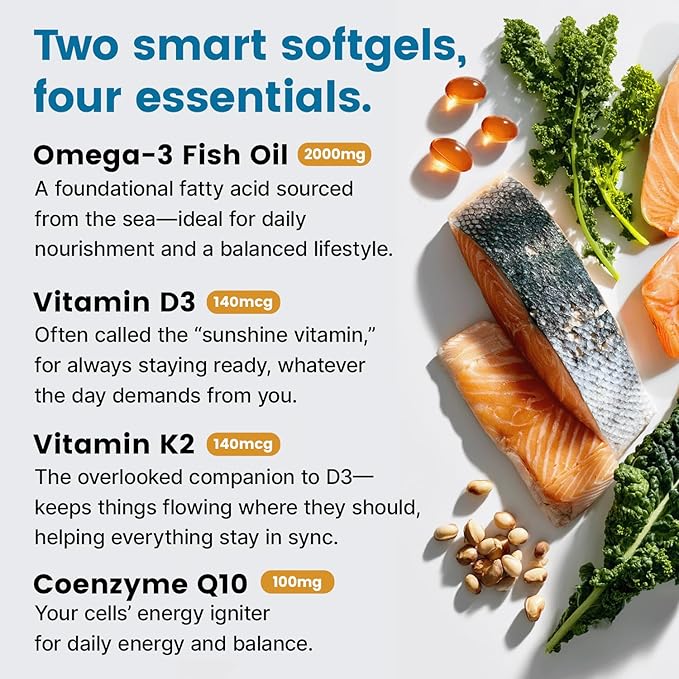 5-in-1 Fish Oil Omega 3 Supplements (2100mg) - Fish Oil with Vitamins D3 & K2 and CoQ10 - EPA DHA Omega 3 Supplement - Lemon Flavored Fatty Acid Supplements, Pack of 2
