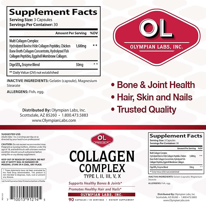 Olympian Labs Multi Collagen Complex Type I, II, III, V, X, Hair, Nails, Joint, Gut Health, 90 Caps, 30-Day Supply
