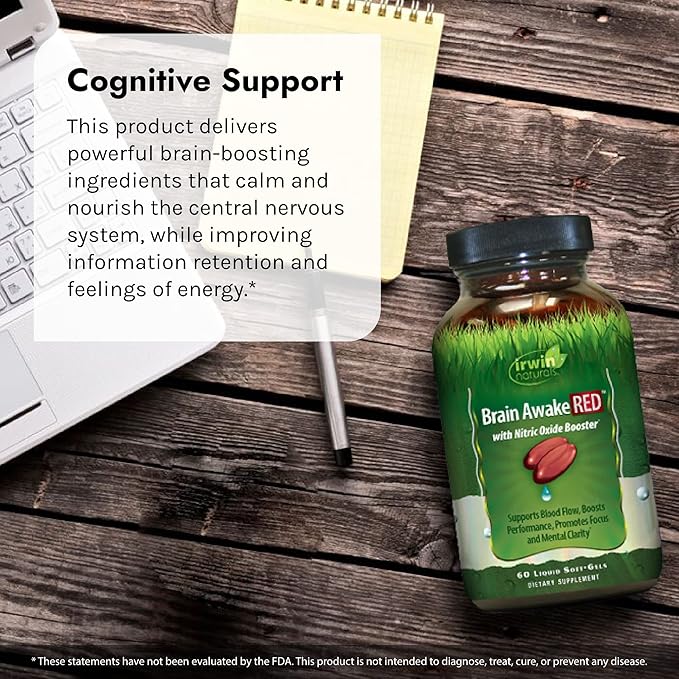 Irwin Naturals Brain Awake RED with Nitric Oxide Booster - 60 Liquid Soft-Gels, Pack of 2 - Support Brain Health & Optimize Performance - 40 Total Servings