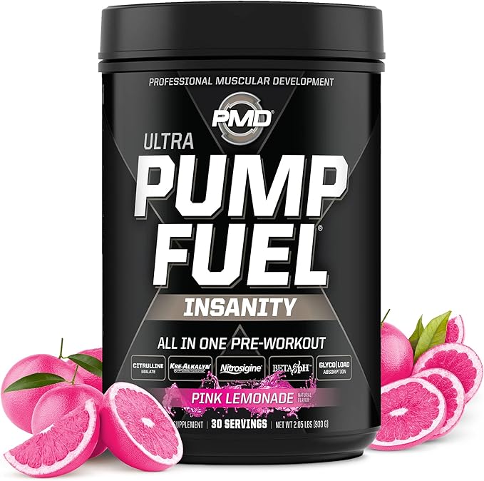 PMD Sports Ultra Pump Fuel Insanity - Pre Workout Drink Mix for Energy, Strength, Endurance, Recovery - Complex Carbohydrates and Amino Energy - Electric Pink Lemonade (30 Servings)