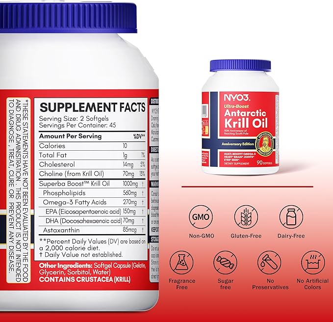 Krill Oil Omega 3 Supplement 1000mg 90 Softgels EPA & DHA, Pure Antarctic Krill Oil with Astaxanthin and 56% Phospholipids Laboratory Tested