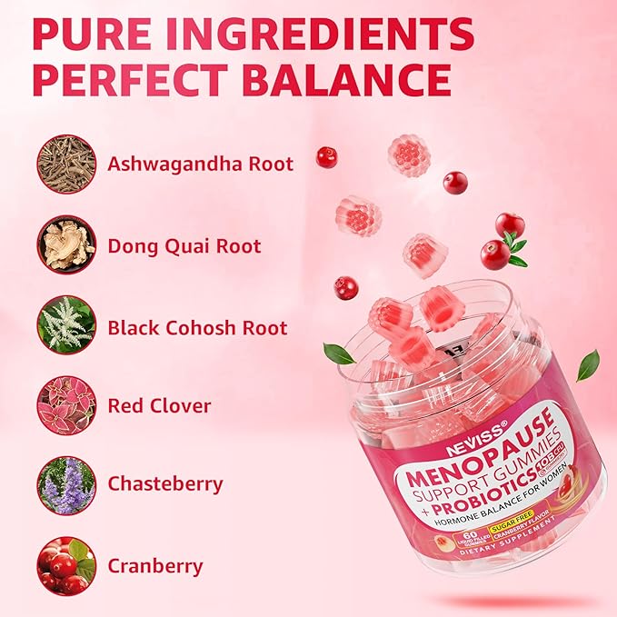 Sugar Free Menopause Supplement Filled Gummies for Women, (Made in USA) Menopause Probiotics Gummies with Ashwagandha, Dong Quai & Black Cohosh for Hot Flashes, Night Sweats, Mood Swings, Gut Health