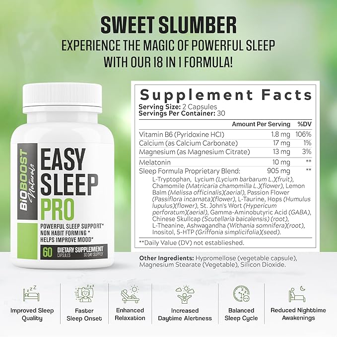 Easy Sleep Pro for Adults - NEW Non-Habit Forming Sleep Aid for Adults | Mood, Sleep, Restfulness Support | 18 Research Backed Ingredients | Melatonin, Magnesium, GABA, Ashwagandha & More - 60 Caps