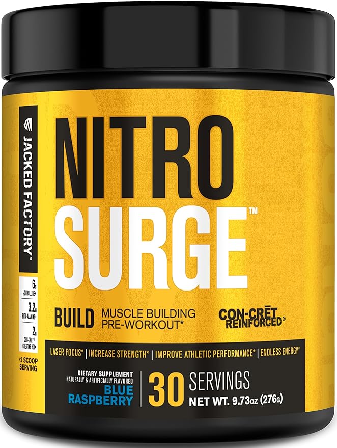 Jacked Factory Nitrosurge Build Pre Workout with Creatine for Muscle Building - Con Cret Creatine Powder & elevATP for Intense Energy, Powerful Pump, & Endless Endurance - 30 Servings, Blue Raspberry