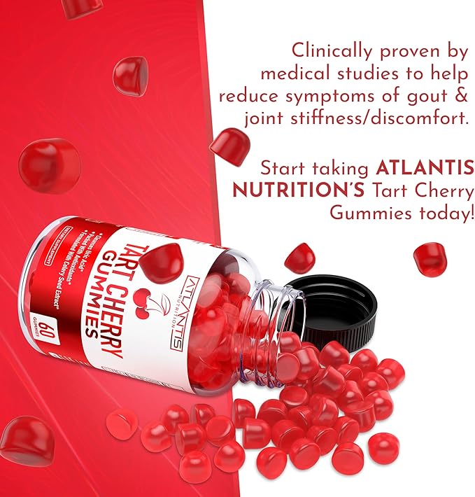 Atlantis Nutrition Tart Cherry Gummies with Celery Seed Extract - Advanced Uric Acid Cleanse for Immediate Gout Relief, Joint Relief & Recovery | Powerful Antioxidant with Joint Support - 60 Gummies