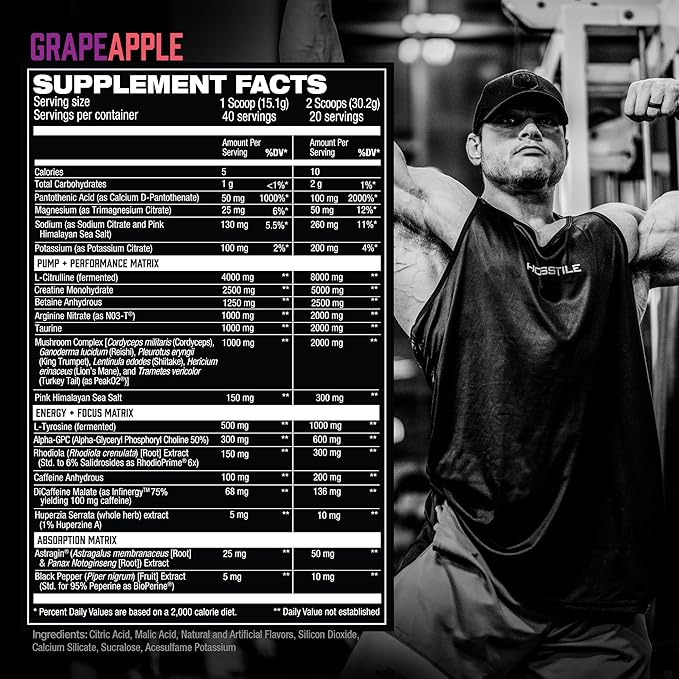 HOSSTILE Hosstility V2 Pre Workout, All-in-One Pre Workout Powder for Men and Women, Enhance Muscle Pump, Increase Energy, Boost Strength, Sharpen Focus, Grape Apple, 40 Servings