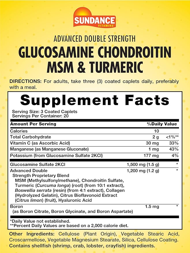 Sundance Glucosamine Chondroitin MSM and Turmeric | 60 Caplets | Double Strength | Non-GMO and Gluten Free Supplement