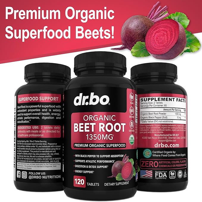 Organic Beet Root Capsules Supplements - 1350mg Beetroot Powder Extract Pills, Organic Beet Root Powder Supplement, Super Nitric Oxide Beets High Circulation Total Vitamins Support - 120 Beets Tablets