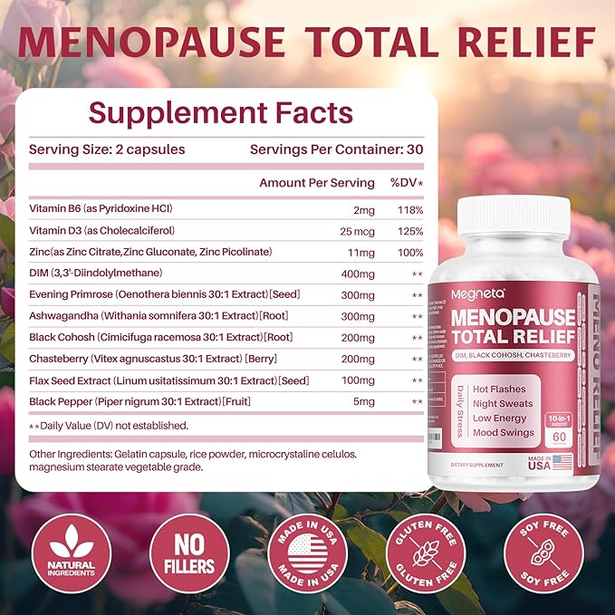 MEGNTEA Menopausal Supplements for Women, Black Cohosh for Menopause Hot Flashes, with DIM, Chasteberry, Evening Primrose, Flax Seed & Ashwagandha (60 Capsules)