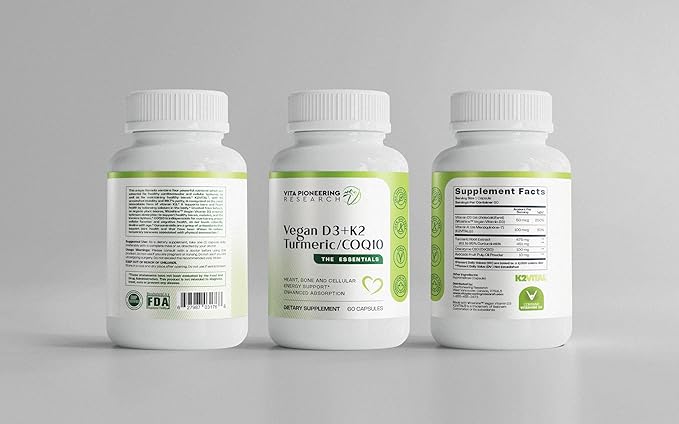 4-in-1 Plant Based Vegan Vitamin D3 2000IU + K2Vital Vitamin K2 with Turmeric and COQ10 - with Avocado Powder for Enhanced Absorption - Heart, Bone, Cellular Health Support