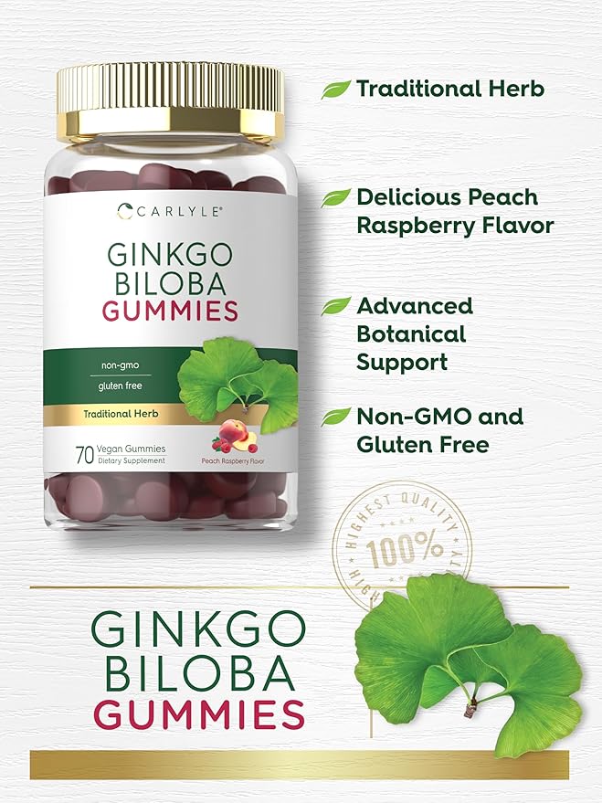Carlyle Ginkgo Biloba 300mg | 70 Gummies | 45:1 Leaf Extract | with Peach Raspberry Flavor | Vegan, Non-GMO, Gluten Free Supplement