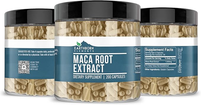 Earthborn Elements Maca Root Extract 200 Capsules, Pure & Undiluted, No Additives