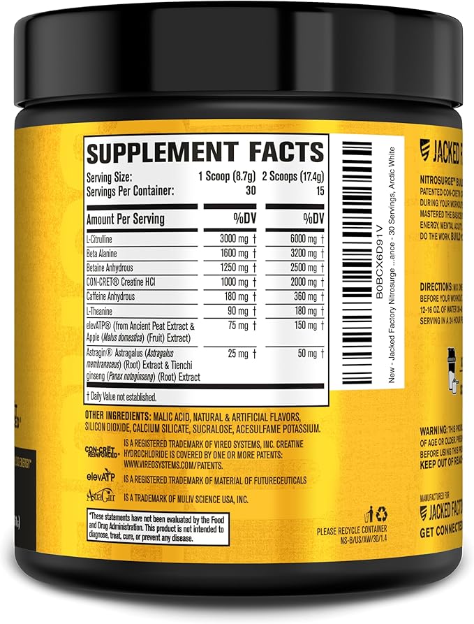 Jacked Factory Nitrosurge Build Pre Workout with Creatine for Muscle Building - Con Cret Creatine Powder & elevATP for Intense Energy, Powerful Pumps, & Endless Endurance - 30 Servings, Arctic White