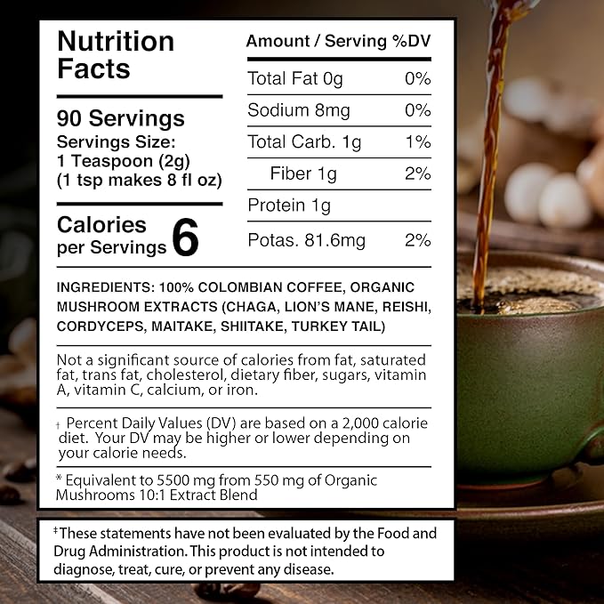 Mushroom Coffee, 90 Servings Organic Mushrooms Instant Coffea, Great Tasting Colombian Keto Coffee, 7 Superfood Mishrooms Lions Mane, Chaga, Reishi, Cordyceps, Maitake, Shiitake, and Turkey Tail