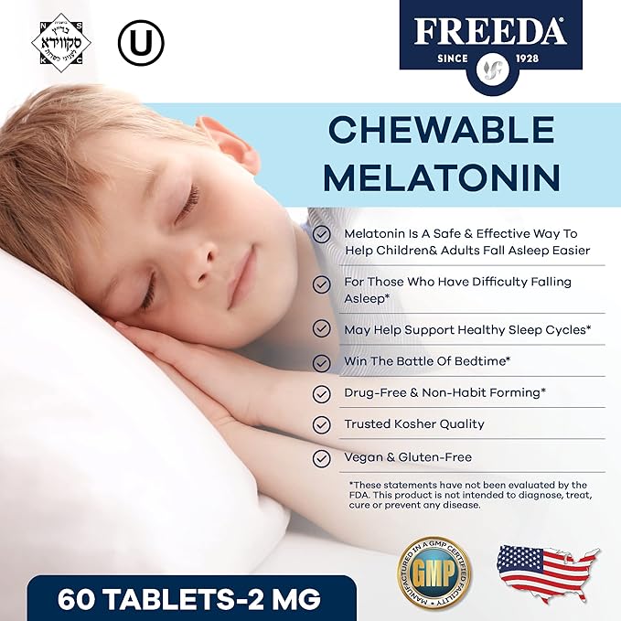 FREEDA Melatonin 2mg Sugar-Free Chewables – Natural Sleep Aid for Adults & Kids – Vegan, Kosher, Gluten-Free, Non-GMO, Easy Bedtime Support – 240 Tablets