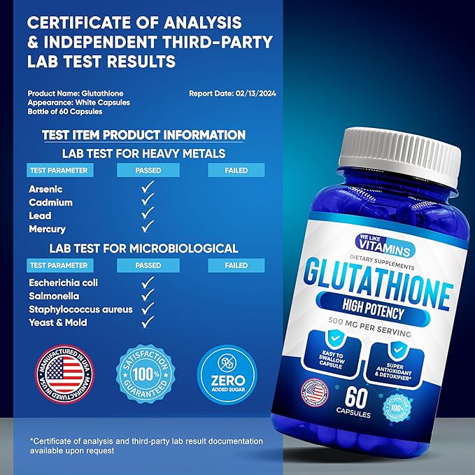 We Like Vitamins L Glutathione Supplement 500mg Per Serving | Manufactured in USA | 60 Glutathione Capsules | Highly Bioavailable Reduced Glutathione Supplement | Glutathione for Antioxidant