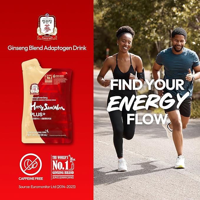 HongSamWon Plus - Korean Red Ginseng Tea, Pre and Post Workout Herbal Energy Drink with Jujube & Reishi Mushroom - Caffeine Free, Gluten Free, Non-GMO (30 Pouches, 1.69 fl oz)