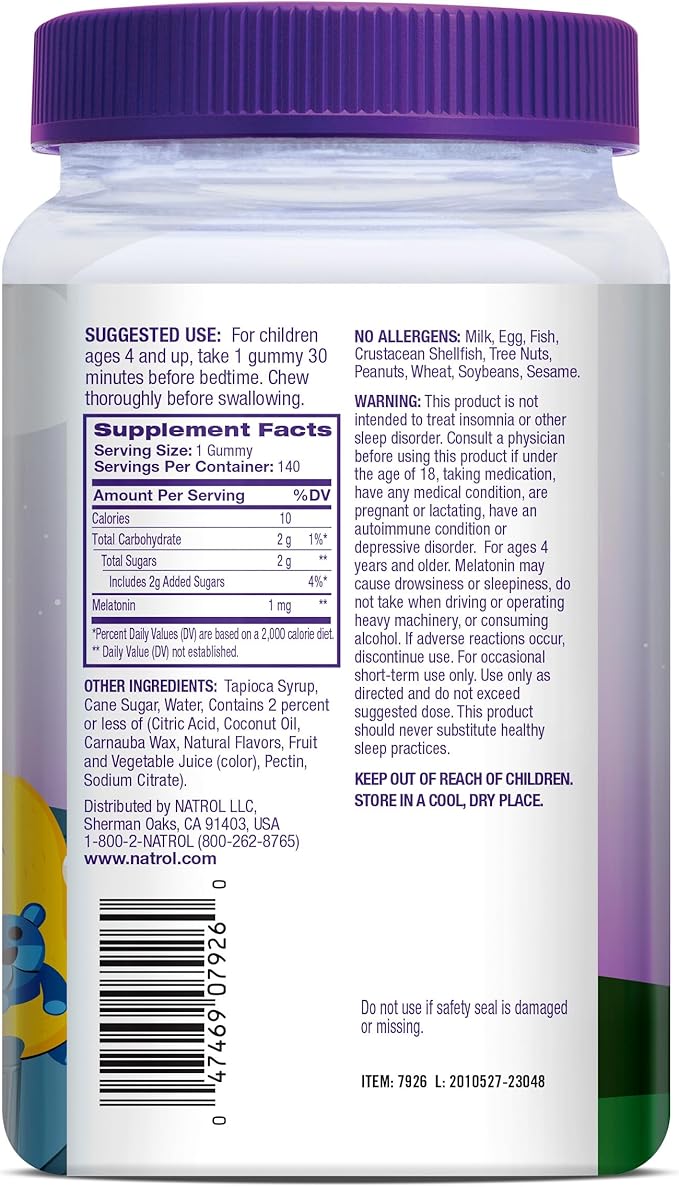Natrol Kids Melatonin 1 mg, Dietary Supplement for Restful Sleep, Melatonin Gummies for Kids, 140 Raspberry-Flavored Gummies, Up to a 140 Day Supply