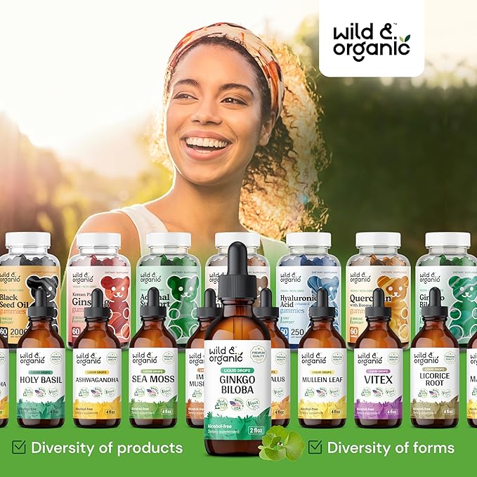 Wild & Organic Ginkgo Biloba Tincture - Brain & Focus Support with Ginkgo Leaf Supplement - Vegan, Sugar & Alcohol-Free Herbal Extract Tincture - 2 fl oz