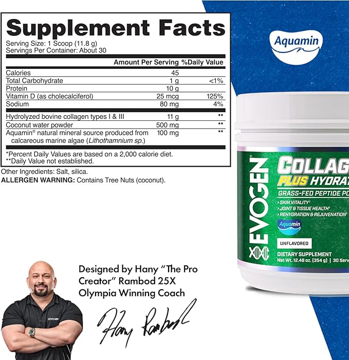 Evogen Collagen Plus Hydration - Grass-Fed Collagen for Women & Men | Collagen Peptides Powder | Collagen Powder Supporting Skin Vitality, Hydration, Joint & Tissue Health | Unflavored | 30 Servings