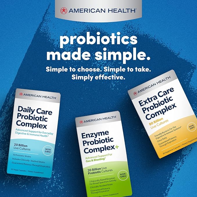 AMERICAN HEALTH Enzyme Probiotic Complex Plus, 20 Billion Microorganisms - Clinically Studied Strain - Advanced Support for Gas & Bloating* - Non-GMO - 60 Capsules, 60 Total Servings