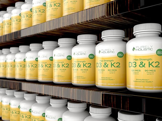 Purely Holistic Vitamin D3 125mcg and Vitamin K2 90mcg MK7-4 Month Supply 150 Vegetarian Capsules - Vitamin D3 & K2 Menaqunione - High Strength Cholecalciferol Made in The USA