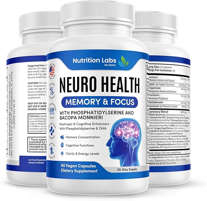 Nootropics and Cognitive Support for Brain Health Enhancer Vegan Supplement - Mental Focus Memory Supplement, Performance Blend, w/Energy and Vitamins DMAE Bacopa Phosphatidylserine Capsules