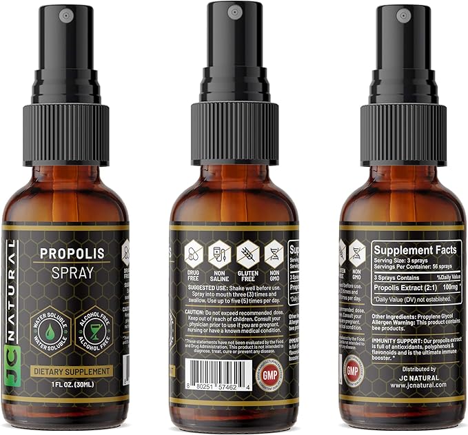 Propolis Throat Spray - Water Soluble, Alcohol Free. Natural Immune Support. Fights Harmful Organisms, Powerful Antioxidant- 1 fl oz (30ml) by JC Natural x CGM Labs