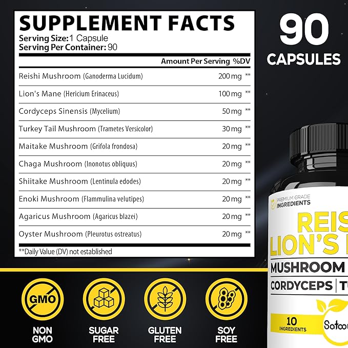 Satoomi Reishi Supplement Complex 5000Mg - 10in1 Combined with Lions Mane, Cordyceps Sinensis, Chaga Mushroom & Others - 90 Capsules for 3 Months