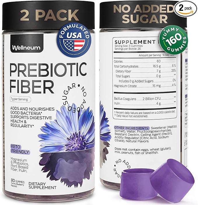 High Prebiotic Fiber Gummies for Women and Men 7G per Serving - Dietary Beet FOS Fiber, Magnesium Citrate, Inulin, Probiotic - Gummy Supplement for Digestive Health - No GMO, Sugar Free - 160 pcs