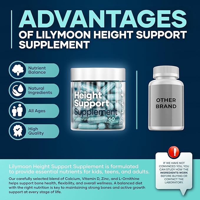 Height & Bone Support Supplement - Made in USA - Premium Height Growth Supplement for Kids & Teens with Calcium - Nutritional Support Bone Health Formula - Height Increase Essential Vitamins - 60 Caps