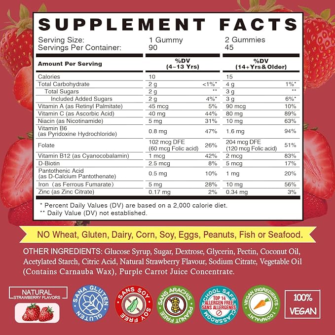 Iron Gummies Supplements for Women & Kids - Multivitamin with Iron Gummy for Blood Oxygen, Great Tasting Gummies with Vitamin C for Max Absorption, Vegan Chewable(180 Count, Strawberry)