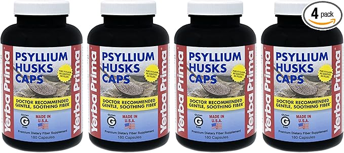 Yerba Prima Psyllium Husks Caps - 180 caps (Pack of 4) - Natural Fiber Supplement - Non-GMO Gluten Free