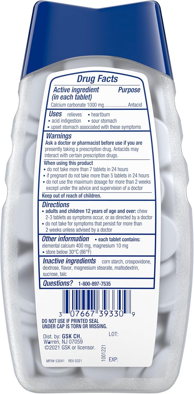 TUMS Ultra Strength Chewable Antacid Tablets for Heartburn Relief, Peppermint - 160 Count