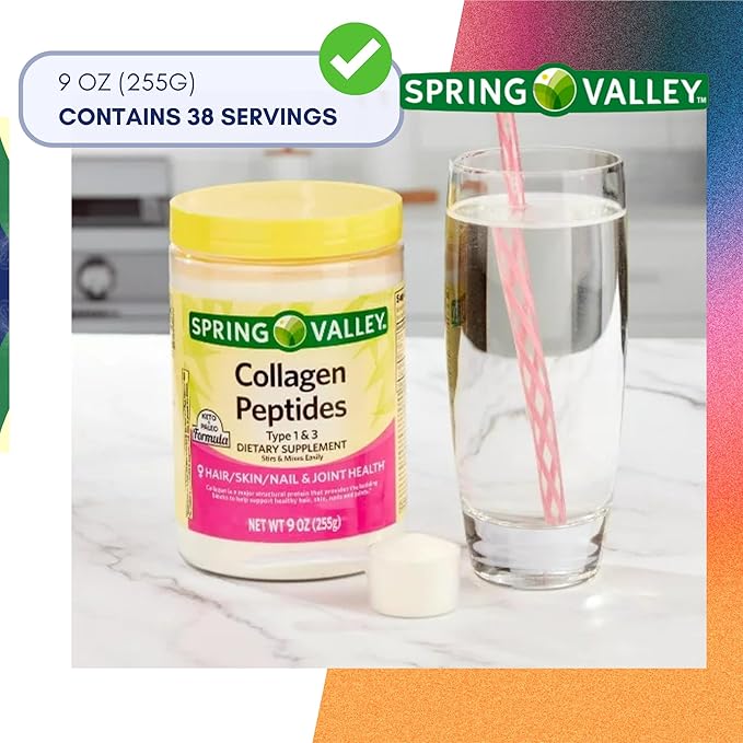 Collagen Peptides Powder 255g (9 Oz) - Hydrolyzed Protein(Type I & III) Keto Collagen Powder for Women & Men - Hair, Skin and Joints by Spring Valley (Pack of 1)