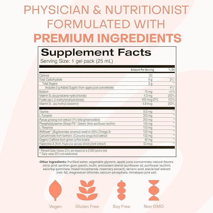 Healthycell Focus & Recall, Daily Liquid Brain Supplement for Focus & Memory - Nootropics Supplement for Concentration & Alertness with L-Theanine, Omega-3 & Taurine - 30 Gel Packs