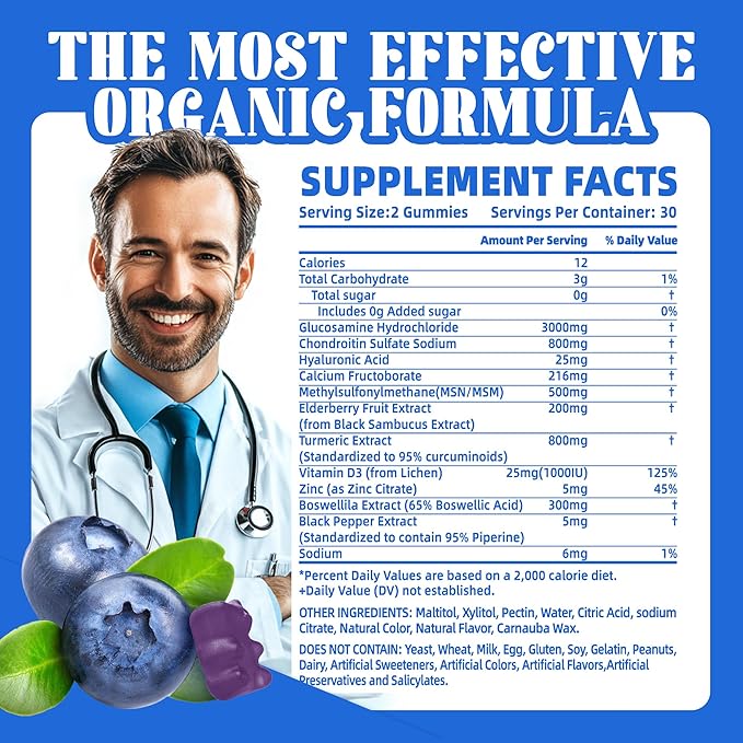 Glucosamine Chondroitin Gummies with MSM & Elderberry Extra Strength - Joint Support, Antioxidant Immune Support Supplement for Adults, Men & Women.120 Blueberry Gummies