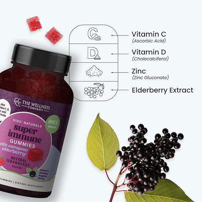 The Wellness Company Super Immune Elderberry Gummies | 120 Gummies (2 Month Supply) | with Zinc and Vitamin C | Non-GMO, Gluten-Free | Supports Immune Health