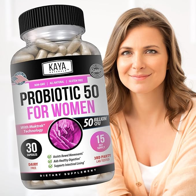 Kaya Naturals Probiotic 50 Billion CFU - Probiotics for Women, Probiotics for Men and Adults, Natural - Gut Health & Immune Support Supplement - Provides Digestive Support - 30 Vegetable Capsules
