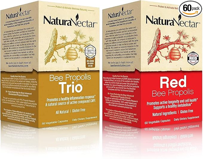 NaturaNectar Natural Bee Propolis Bundle - Trio and Red Propolis - for Immune and Cardiovascular Support and a Healthy Metabolism* - 60 Capsules per Bottle