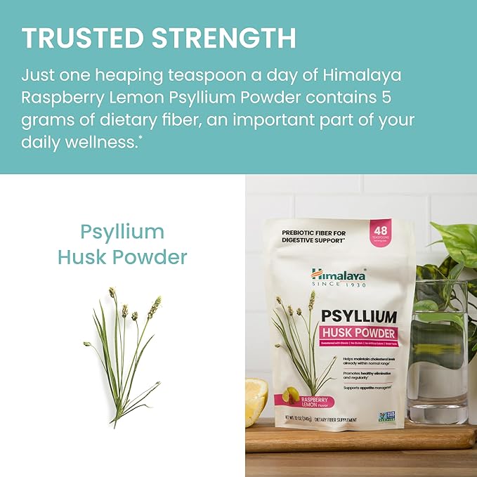 Himalaya Raspberry Lemon Psyllium Husk Powder, Daily Fiber Supplement for Digestive Health & Regularity, Sugar-Free, Gluten-Free, Vegan, No Artificial Colors, Easy-to-Mix, 12 oz (340 g)