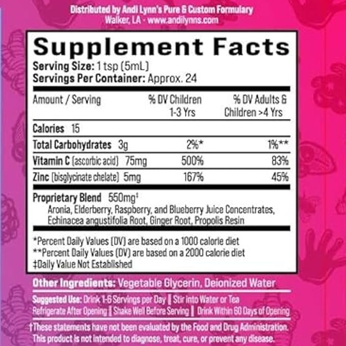 Andi Lynn’s LittleBerry, Elderberry Syrup for Kids - Organic Vitamin C & Zinc, Herbal Supplement - Fast-Acting Immune Support, 4oz - Pure Elderberry Syrup for Children's Wellness