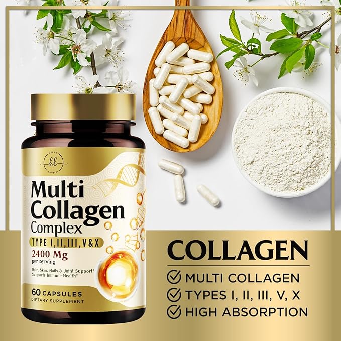 Collagen Peptides for Women – 2400mg Per Serving – Multi Collagen Capsules with Types I, II, III, V & X – Hydrolyzed Collagen Supplement Vital Hair, Skin, Nails, Joints & Bones Support – 60 Capsules
