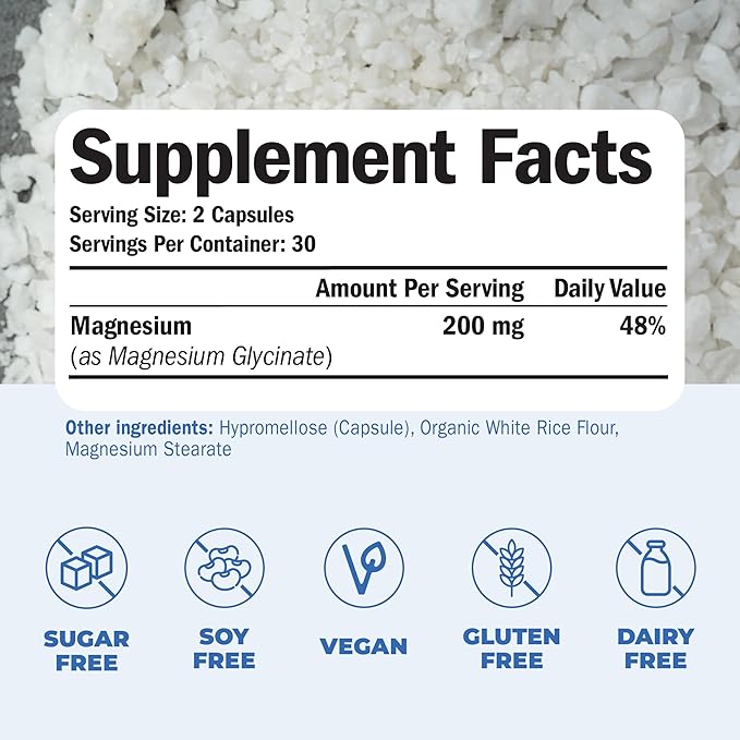 Magnesium Glycinate 200mg Capsules (Glicinato de Magnesio) - Chelated Magnesium 200mg for Restful Sleep, Relaxation, Mood Support, Leg & Muscle Comfort, Bone & Nervous System Health. 60 Vegan Capsules