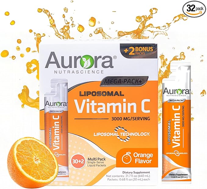 Aurora Nutrascience Mega-Pack Liposomal Vitamin C, Immune Support, 3,000 mg per Serving, Vegan, Gluten Free, Non-GMO, 32 Single Serve Packets, Orange