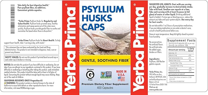 Yerba Prima Psyllium Husks Caps, 625 mg, 400 Capsules (Pack of 2) - Natural Fiber for Men and Women - Regularity Support Supplement