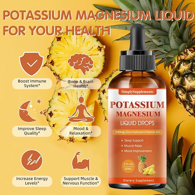 Potassium Magnesium Supplement - Potassium 99mg & 500mg Magnesium Glycinate Complex Liquid Drops with Calcium, Zinc, Vitamin B6, D3 - Energy & Bone & Muscle Support - 2 Fl oz
