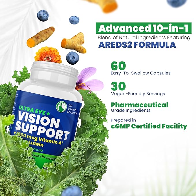 DR VITAMIN SOLUTIONS Vision Support Eye Vitamins for Macular Health | Supplements with Lutein, Zinc, Vitamin A & Bilberry | Areds 2 Formula for Red & Dry Eyes, Sight Care (1 Bottle, 60 Capsules)