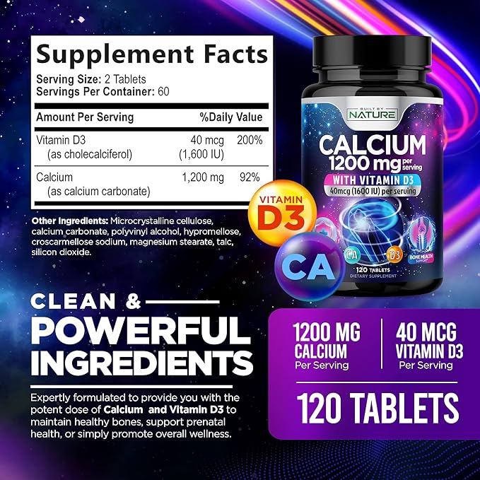 Calcium 1200mg with Vitamin D3 for Best Absorption - Advanced Bone Support Supplement, 1200 mg Calcium Carbonate & 1600 IU Vitamin D3, Slow Release for Immune Support, Easy to Swallow, 120 Tablets